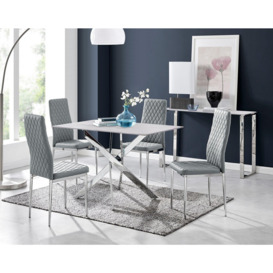 Leonardo White Glass Marble Effect Silver Leg Table & 4 Milan Chrome Leg Chairs