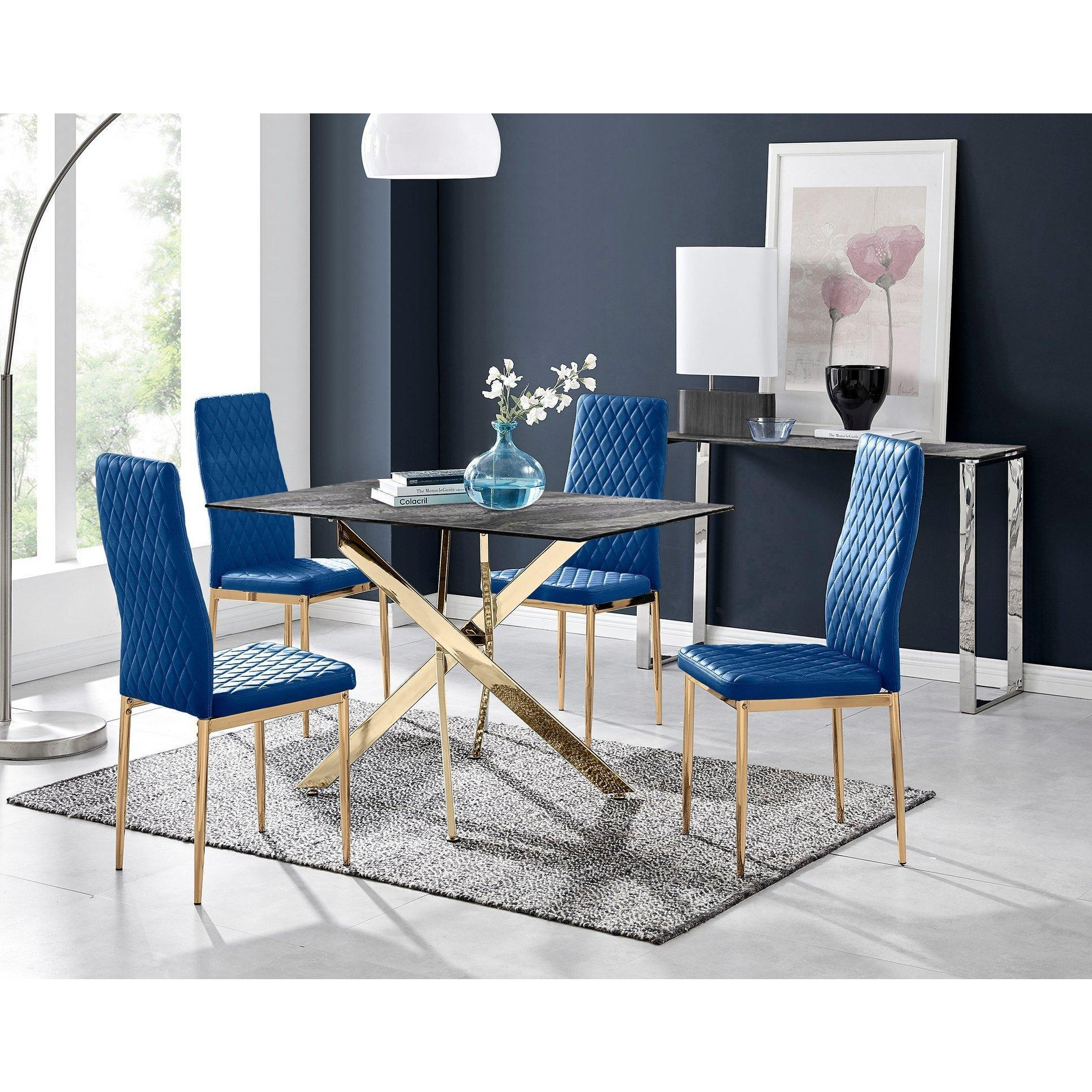 Leonardo Grey Glass Marble Effect Gold Leg Table & 4 Velvet Milan Gold Leg Chairs - image 1