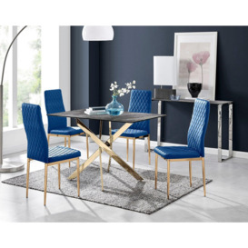 Leonardo Grey Glass Marble Effect Gold Leg Table & 4 Velvet Milan Gold Leg Chairs - thumbnail 1