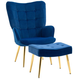 Armchair with Footstool Button Tufted Accent Chair with Steel Legs