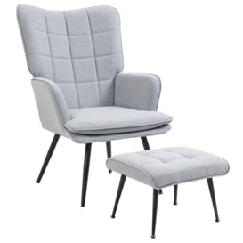 Armchair with Footstool Linen Accent Chair with Steel Legs