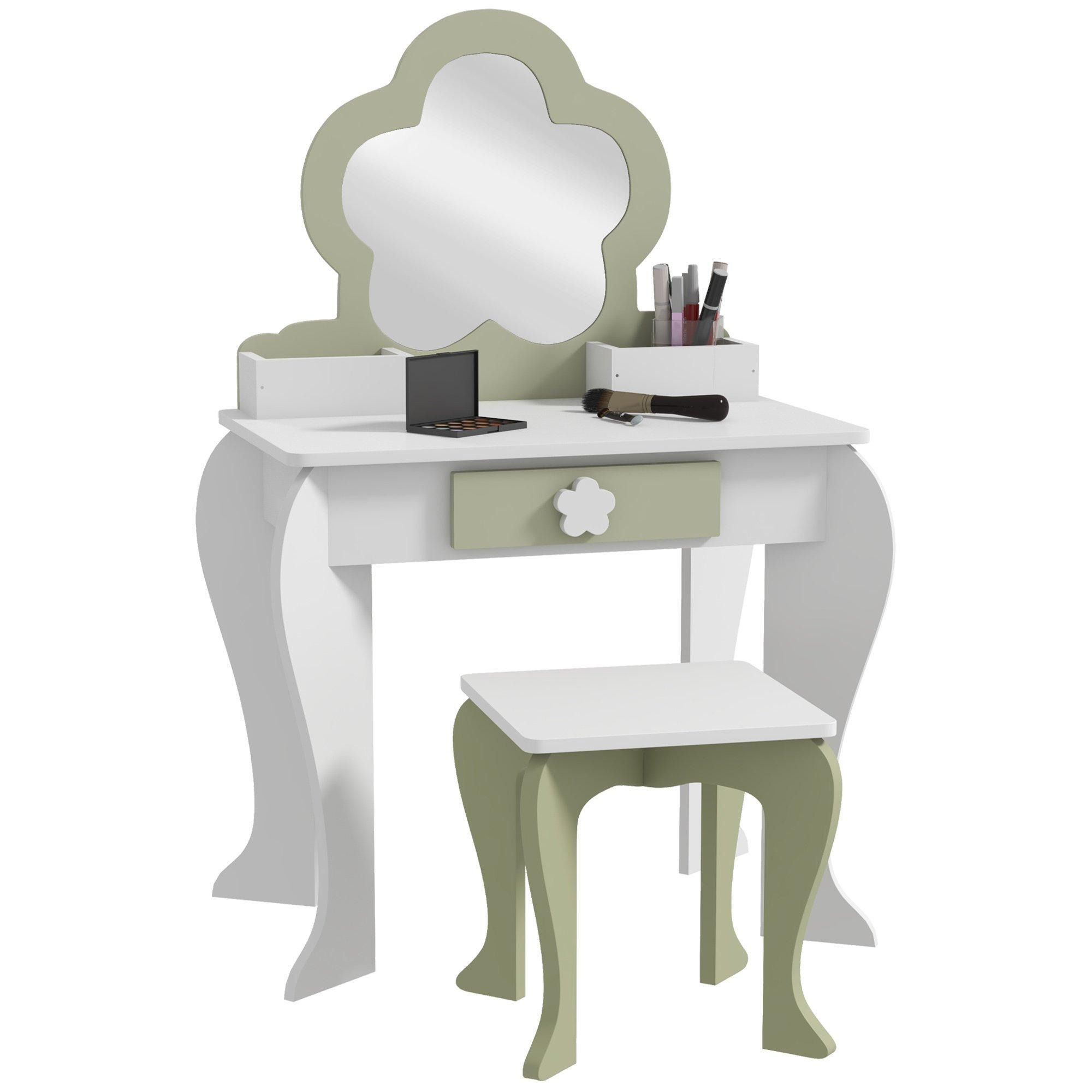 Kids Dressing Table with Mirror and Stool, Drawer, Storage Boxes - White - image 1