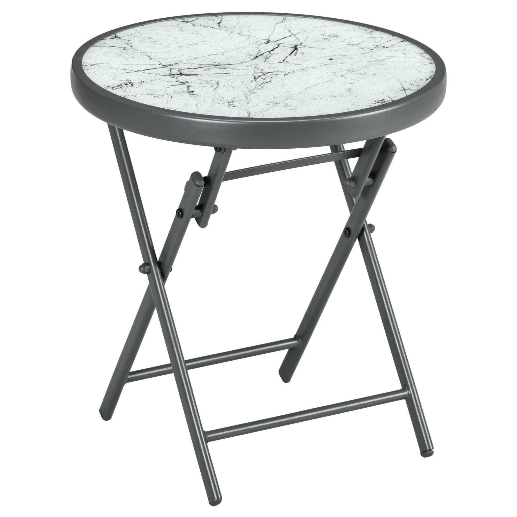 Round Folding Side Table Patio Table w/ Imitation Marble Glass Top - image 1