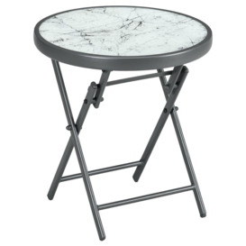 Round Folding Side Table Patio Table w/ Imitation Marble Glass Top