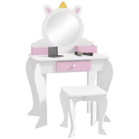 Kids Dressing Table with Mirror and Stool, Unicorn Design, for Ages 3-6 Years - thumbnail 1