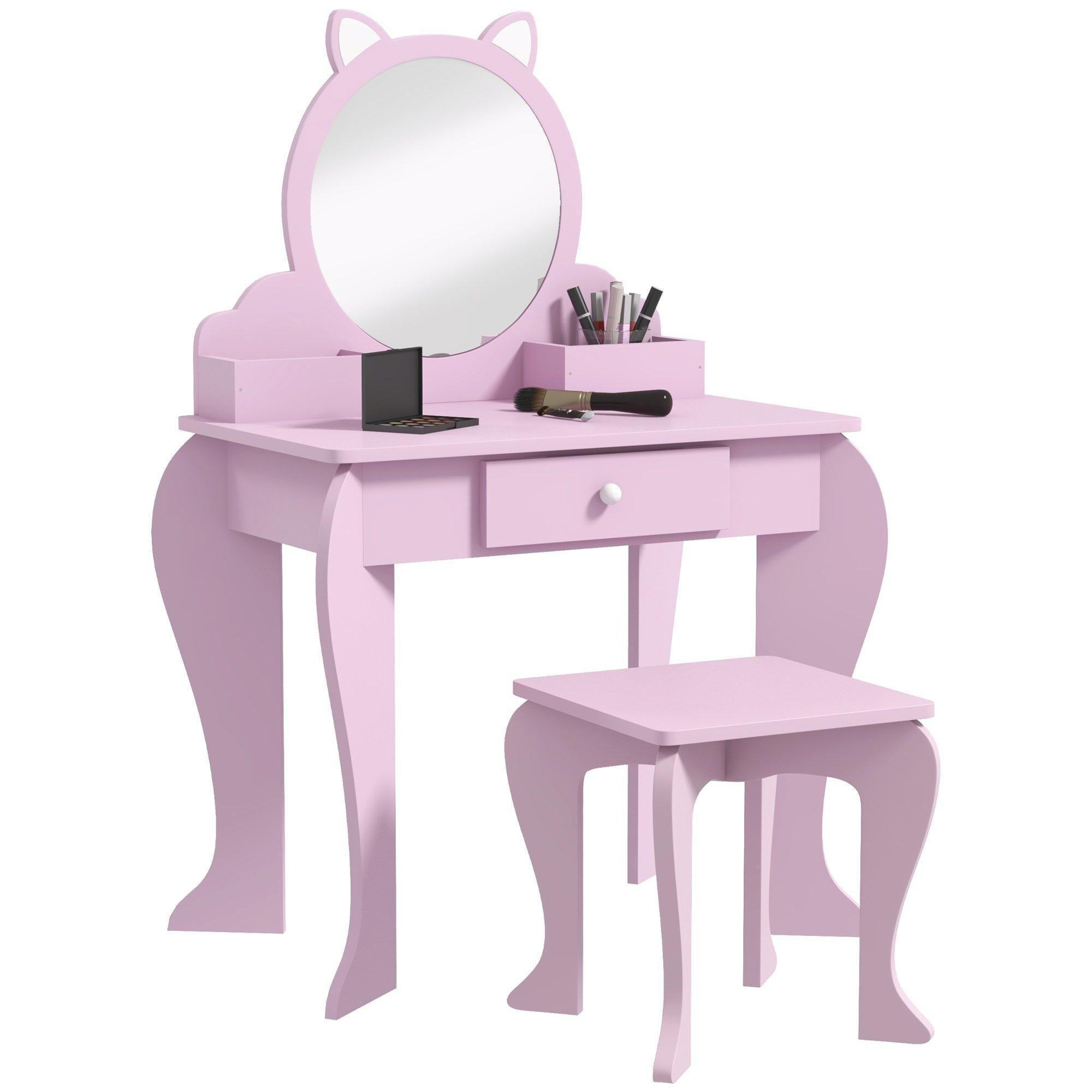 Dressing Table with Mirror and Stool, Drawer, Storage Boxes, Cat Design - image 1