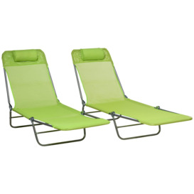 2 Piece Folding Sun Loungers with Adjustable Backrest and Pillow, Green - thumbnail 1