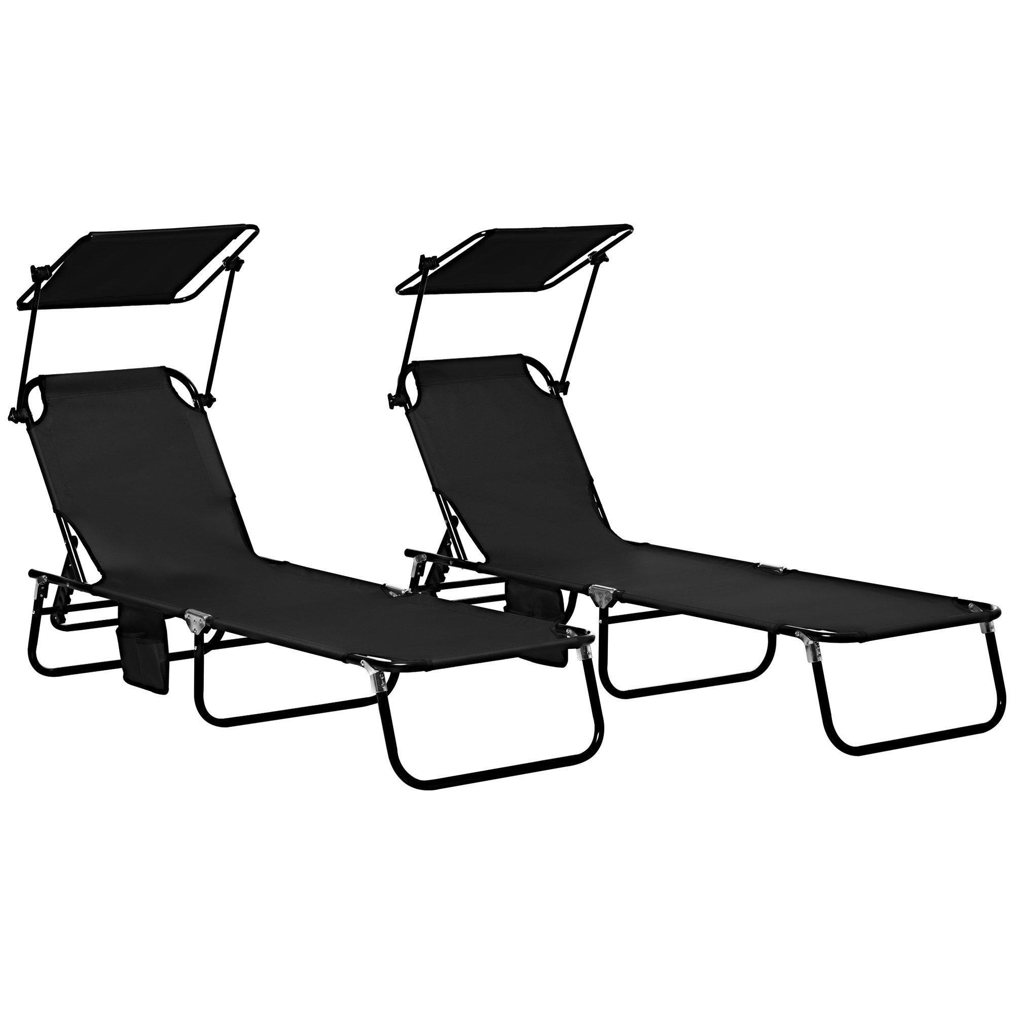 2 Piece Folding Sun Loungers with Adjustable Backrest, Sunshade, Black - image 1
