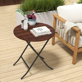 Foldable Outdoor Coffee Table, Metal Frame PE Rattan Side Table, Mixed Brown - thumbnail 2