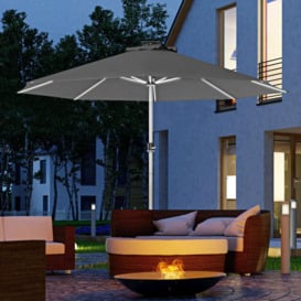 Garden Parasol with USB and Solar Charged LED Lights, Crank Handle, Grey - thumbnail 2
