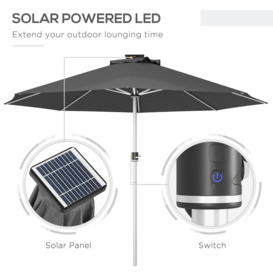 Garden Parasol with USB and Solar Charged LED Lights, Crank Handle, Grey - thumbnail 3