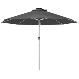 Garden Parasol with USB and Solar Charged LED Lights, Crank Handle, Grey