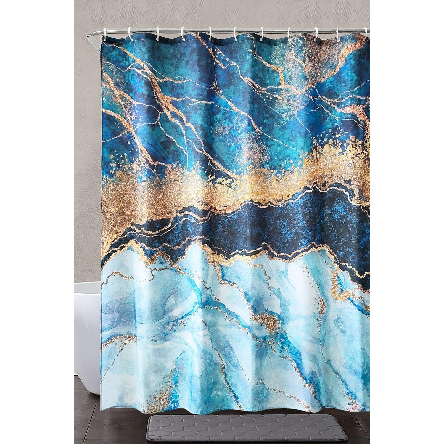 Abstract Blue Shower Curtain, Gold Cracked Lines - 180cm x 200cm - image 1