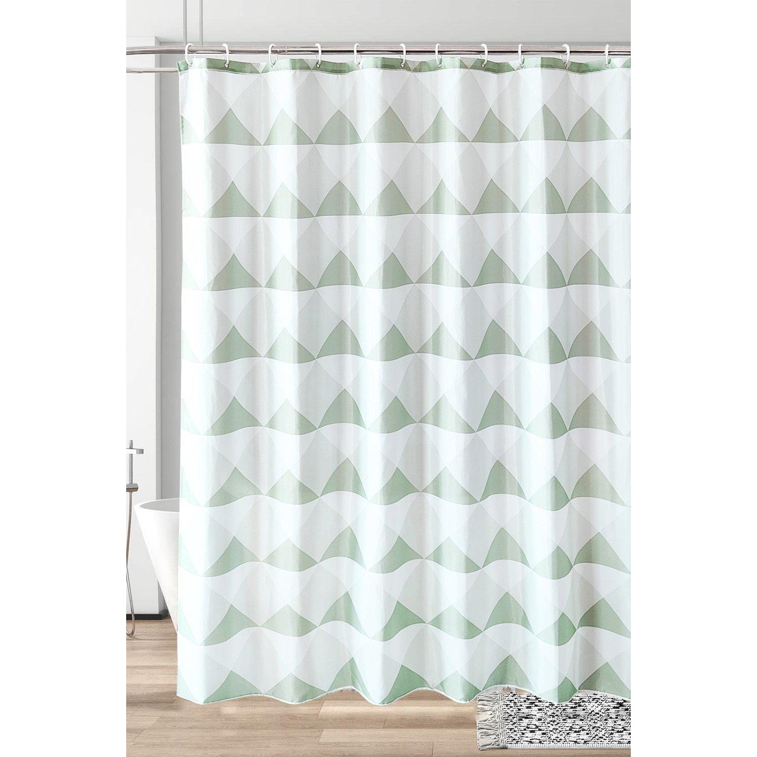 Geometric Shower Curtain, White & Light Green - 180cm x 200cm - image 1