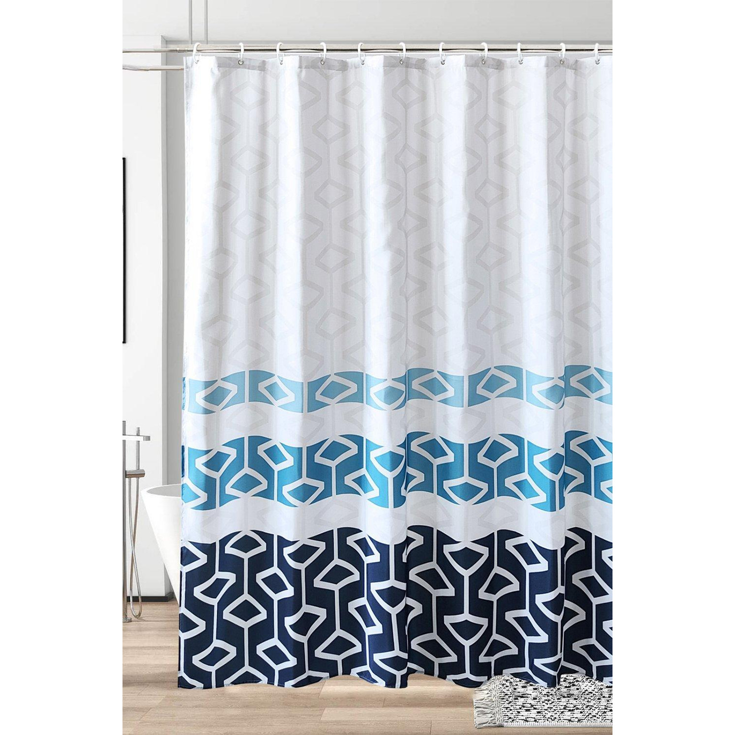 Abstract Geometic Shower Curtain, Navy Blue & Teal & White - 180cm x 180cm - image 1