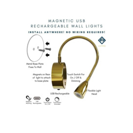 CGC Lighting 'Matilda' Satin Gold Adjustable Flexible Neck LED Rechargeable Magnetic USB Reading Bedside Wall Light - thumbnail 3