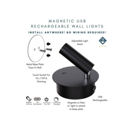 CGC Lighting 'Scarlet' Black Adjustable Head LED Rechargeable Magnetic USB Reading Bedside Wall Light - thumbnail 2