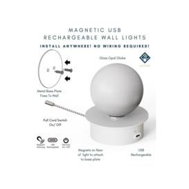 CGC Lighting 'Macie' White & White Opal Globe LED Rechargeable Magnetic USB Reading Bedside Wall Light Pull Cord Switch - thumbnail 3