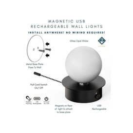 CGC Lighting 'Macie' Black & White Opal Globe LED Rechargeable Magnetic USB Reading Bedside Wall Light Pull Cord Switch - thumbnail 3