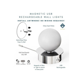 CGC Lighting 'Macie' Satin Nickel & White Opal Globe LED Rechargeable Magnetic USB Reading Bedside Wall Light Pull Cord Switch - thumbnail 3