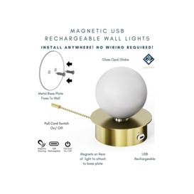 CGC Lighting 'Macie' Satin Gold & White Opal Globe LED Rechargeable Magnetic USB Reading Bedside Wall Light Pull Cord Switch - thumbnail 3