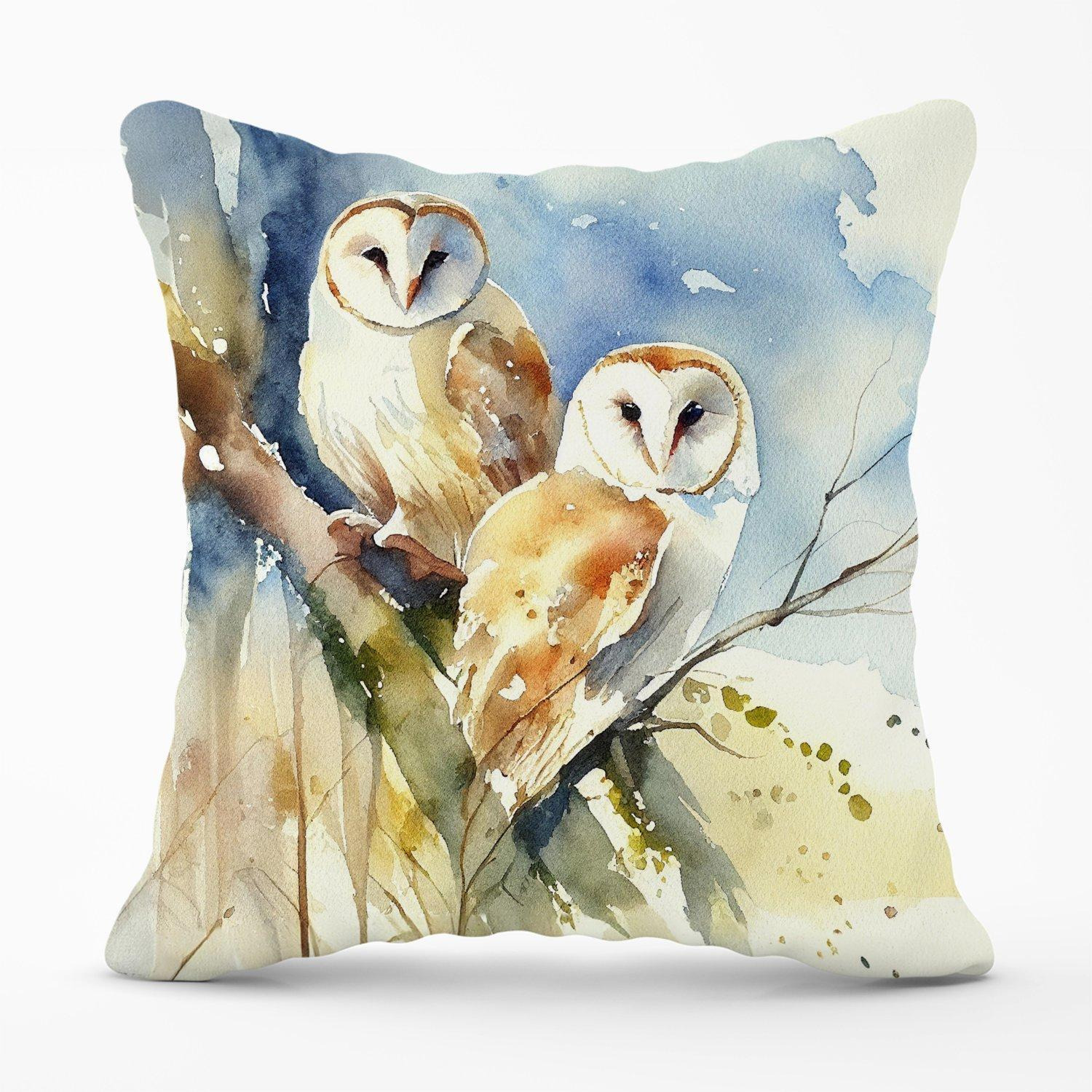 Barn Owls Watercolour Outdoor Cushion - image 1