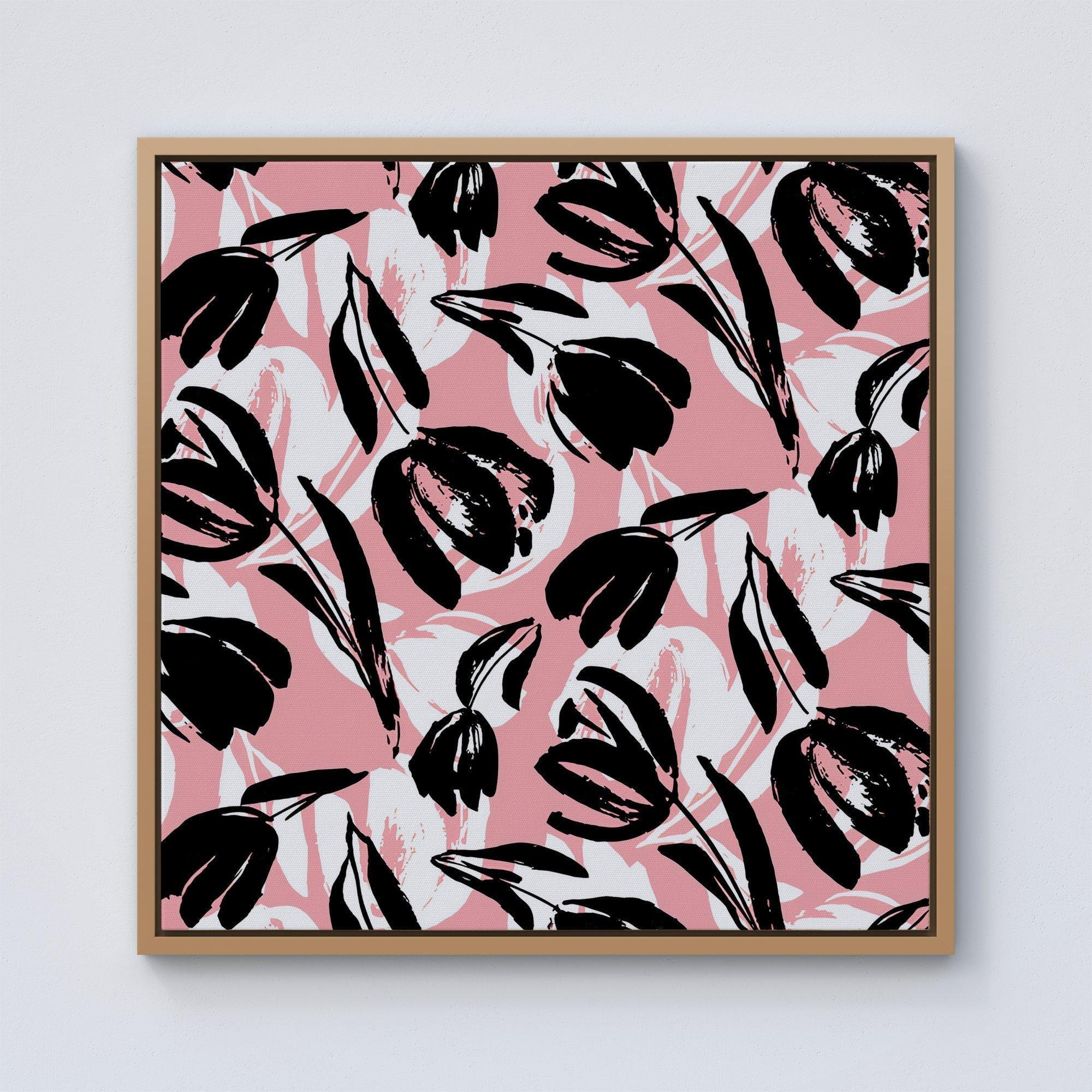 Nature Flat Spring Flower Motif In Pink And Black Color Framed Canvas - image 1