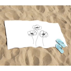 Monochrome Line Drawn Poppies Beach Towel - thumbnail 2