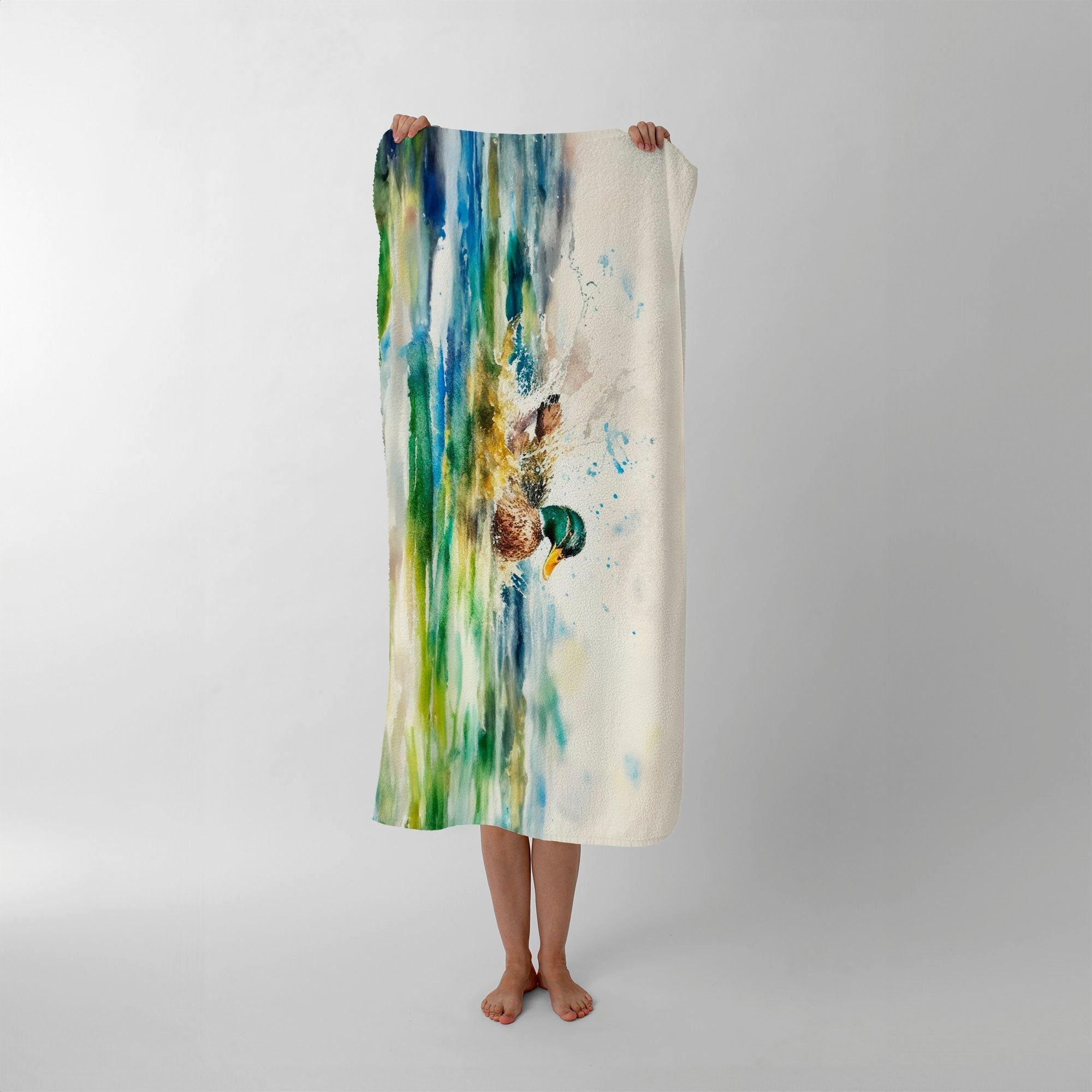 Splashing Mallard Watercolour Beach Towel - image 1