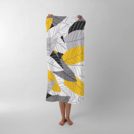 Yellow Grey Feather Leaves Beach Towel