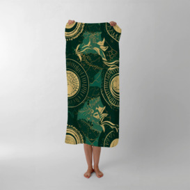 Abstract Green Gold Moon Pattern Beach Towel