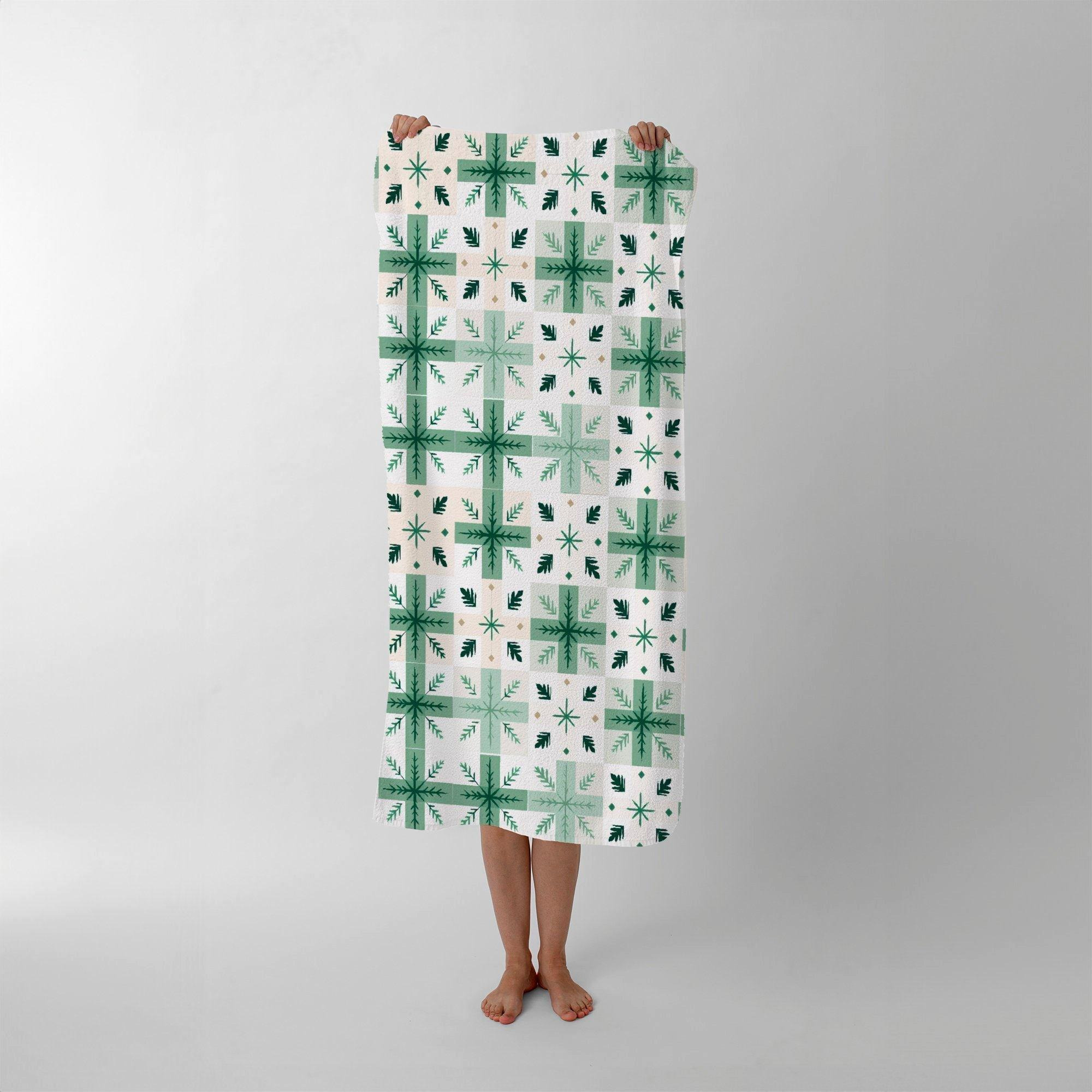 Christmas Quilting Squares, Green And White, Geometric Beach Towel - image 1