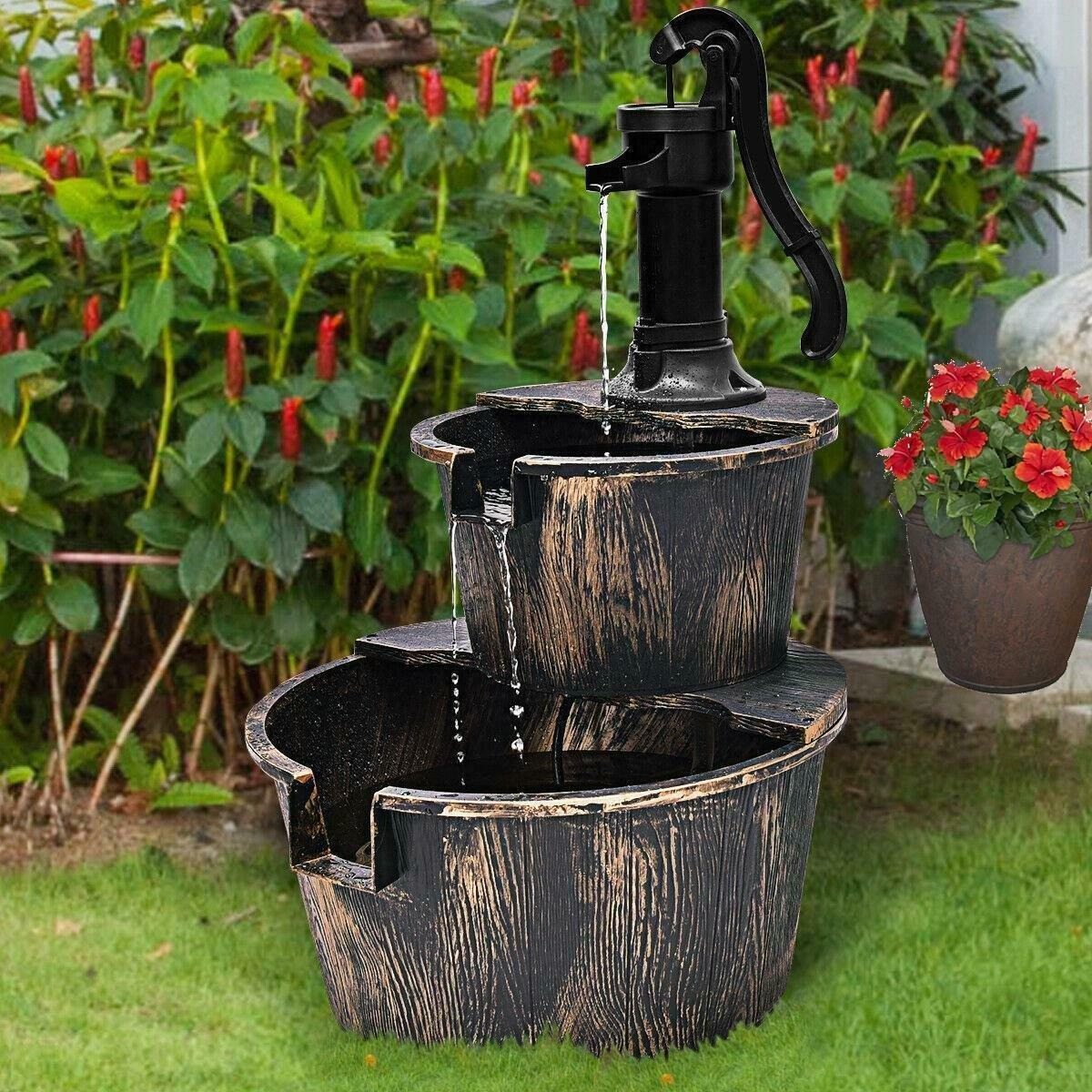 2 Tier Garden Wooden Effect Plastic Barrel Water Fountain Feature - image 1