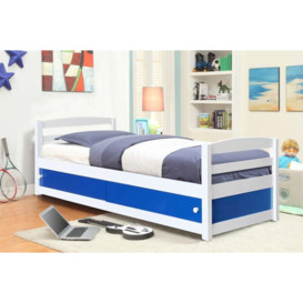 3ft White Pine Kids Storage Bed With Blue Sliding Doors