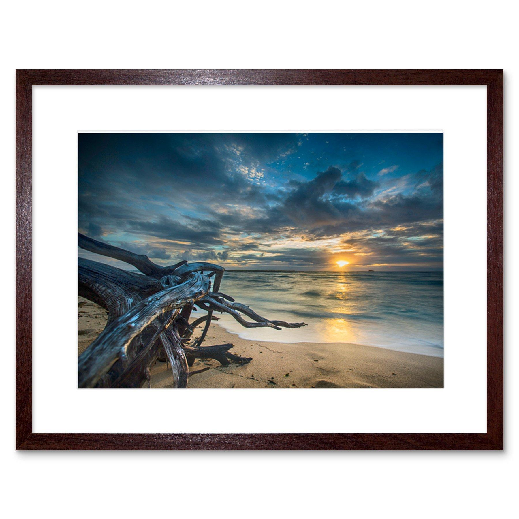 Wall Art Print Driftwood Beach Sunset Ocean Framed - image 1