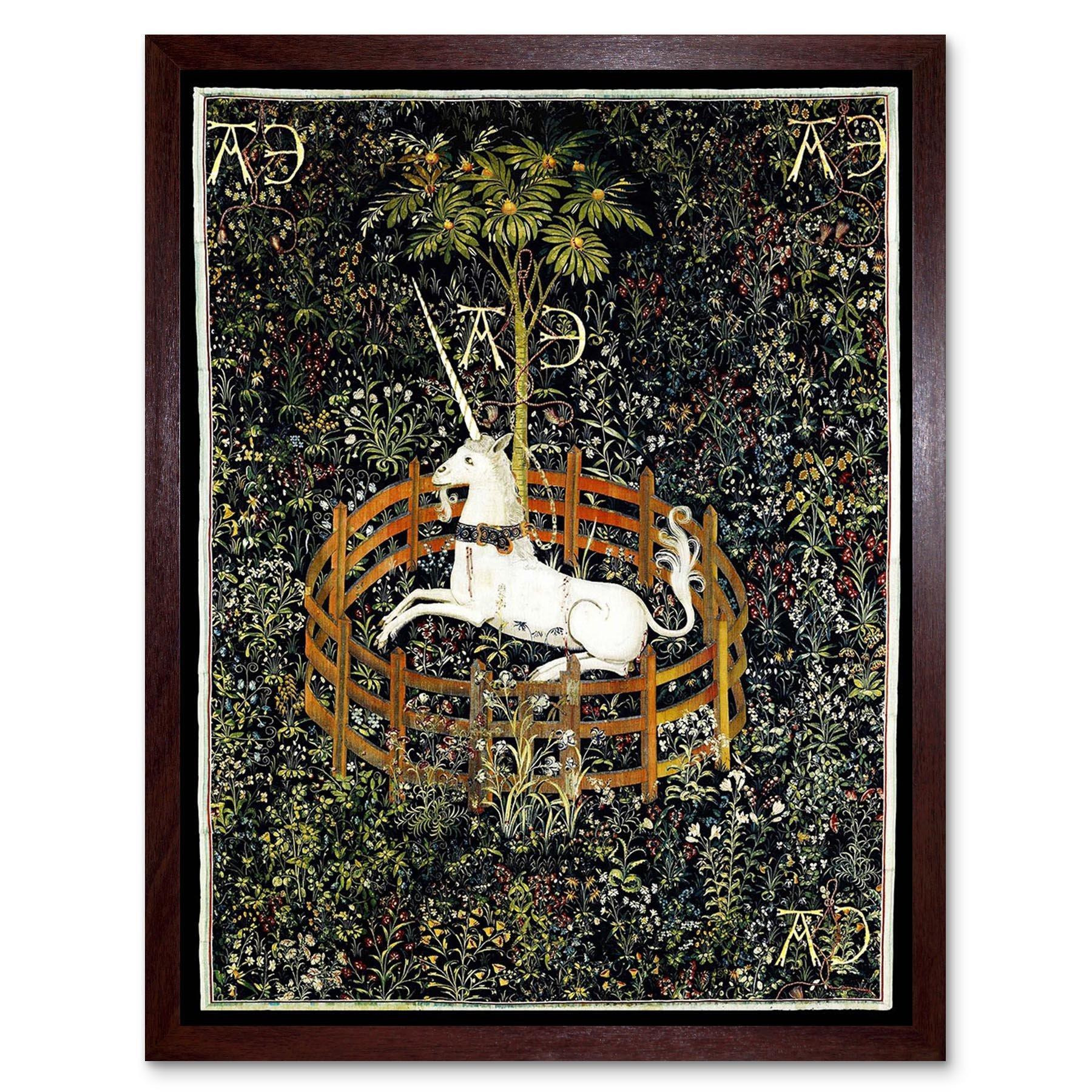 Wall Art Print Unicorn Rests in a Garden Medieval Mythical Animal Nature Art Middle Ages Tapestry Art Framed - image 1