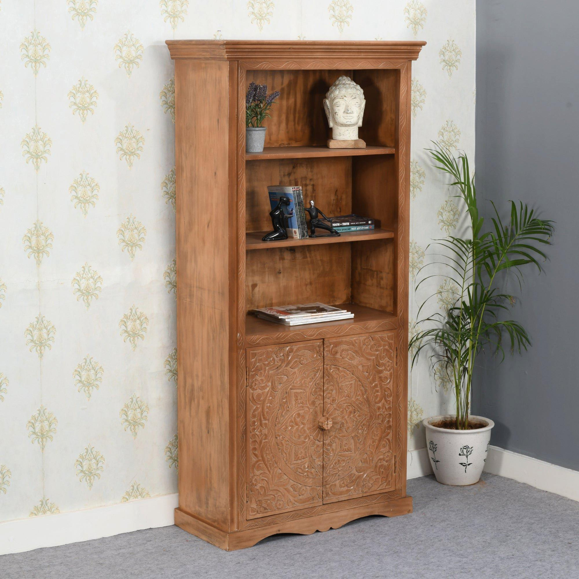 Darvell Mango Wood Large Corner Bookcase 3 Shelving & 1 Door - image 1