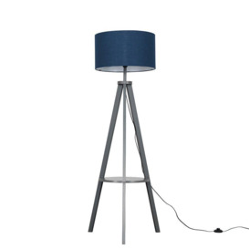 Morrigan Grey Wooden Tripod Floor Lamp With Navy Blue Fabric Shade
