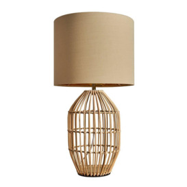 Natural Rattan Table Lamp With Fabric Beige And Gold Shade And LED Bulb - thumbnail 1