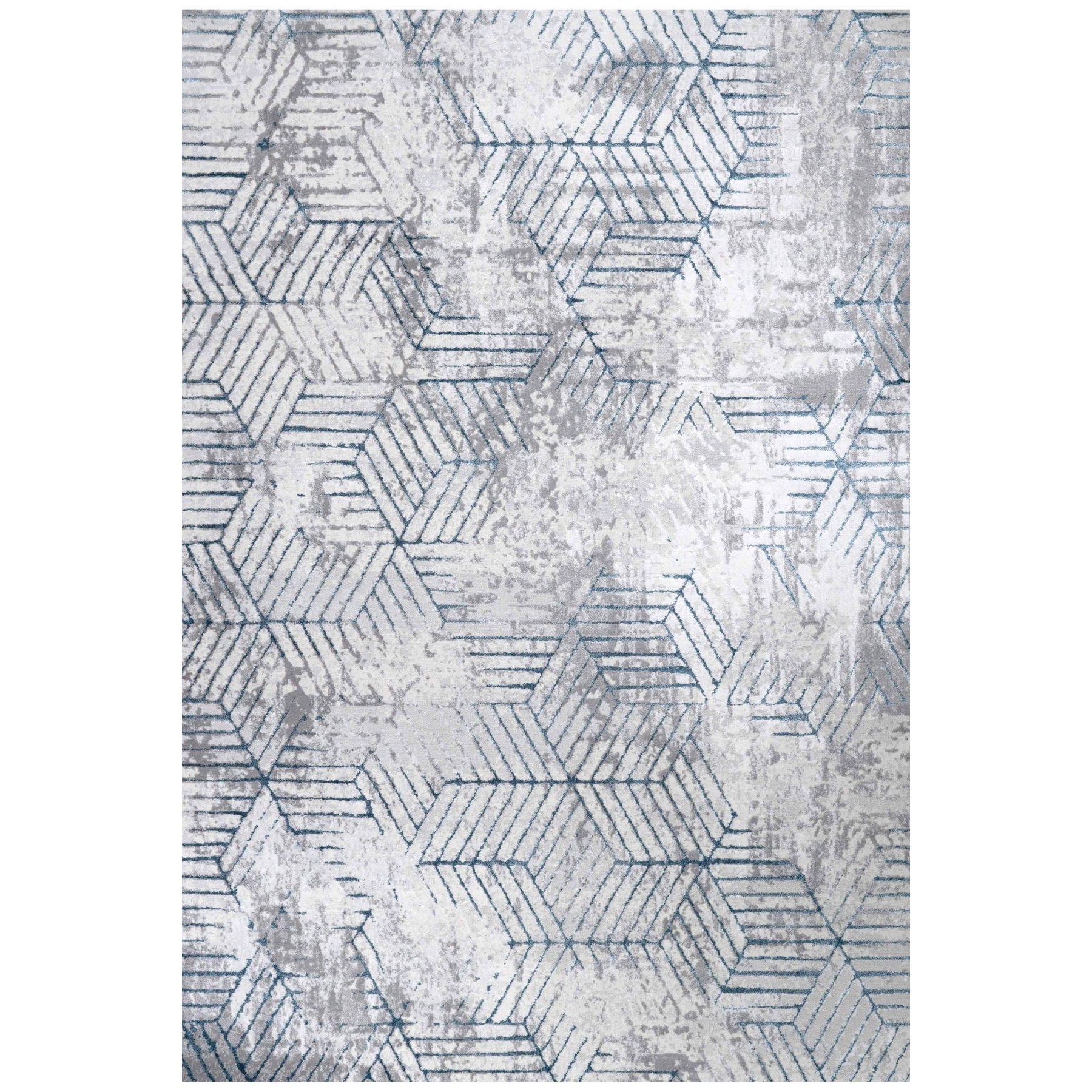 Blue Grey Distressed Abstract Geometric Motif Rug - image 1
