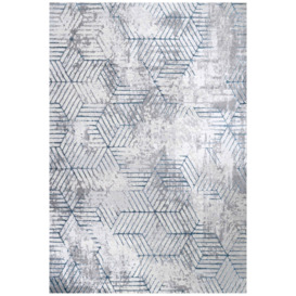 Blue Grey Distressed Abstract Geometric Motif Rug