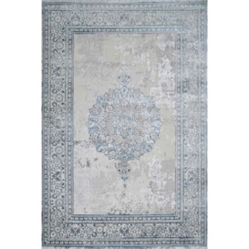 Blue Grey Distressed Traditional Medallion Bordered Rug