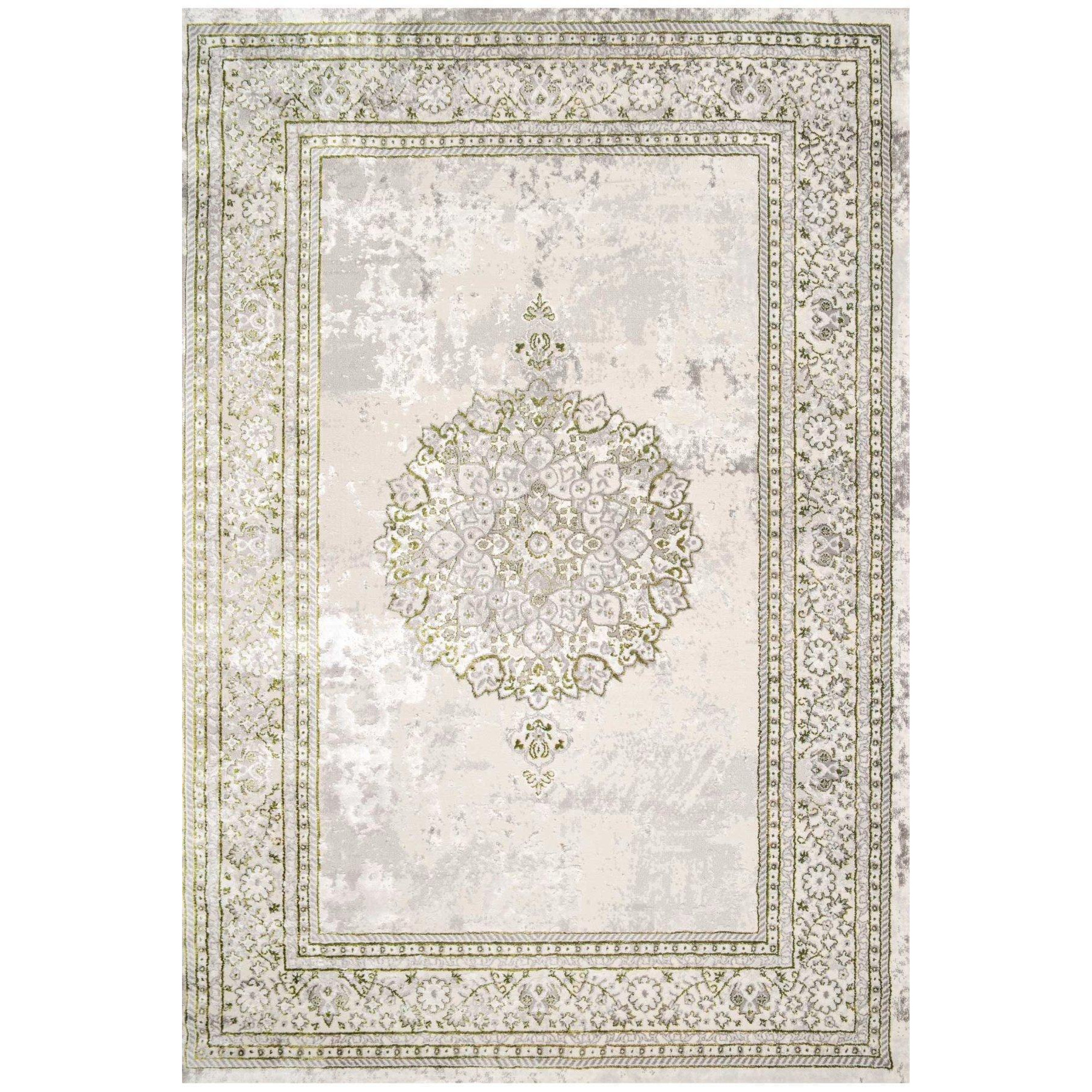Grey Olive Green Distressed Traditional Medallion Bordered Rug - image 1
