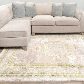 Grey Olive Green Distressed Traditional Medallion Bordered Rug - thumbnail 2