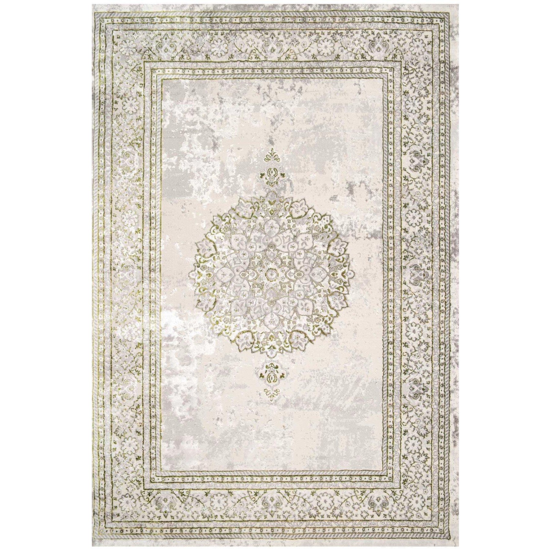 Grey Olive Green Distressed Traditional Medallion Bordered Rug - image 1