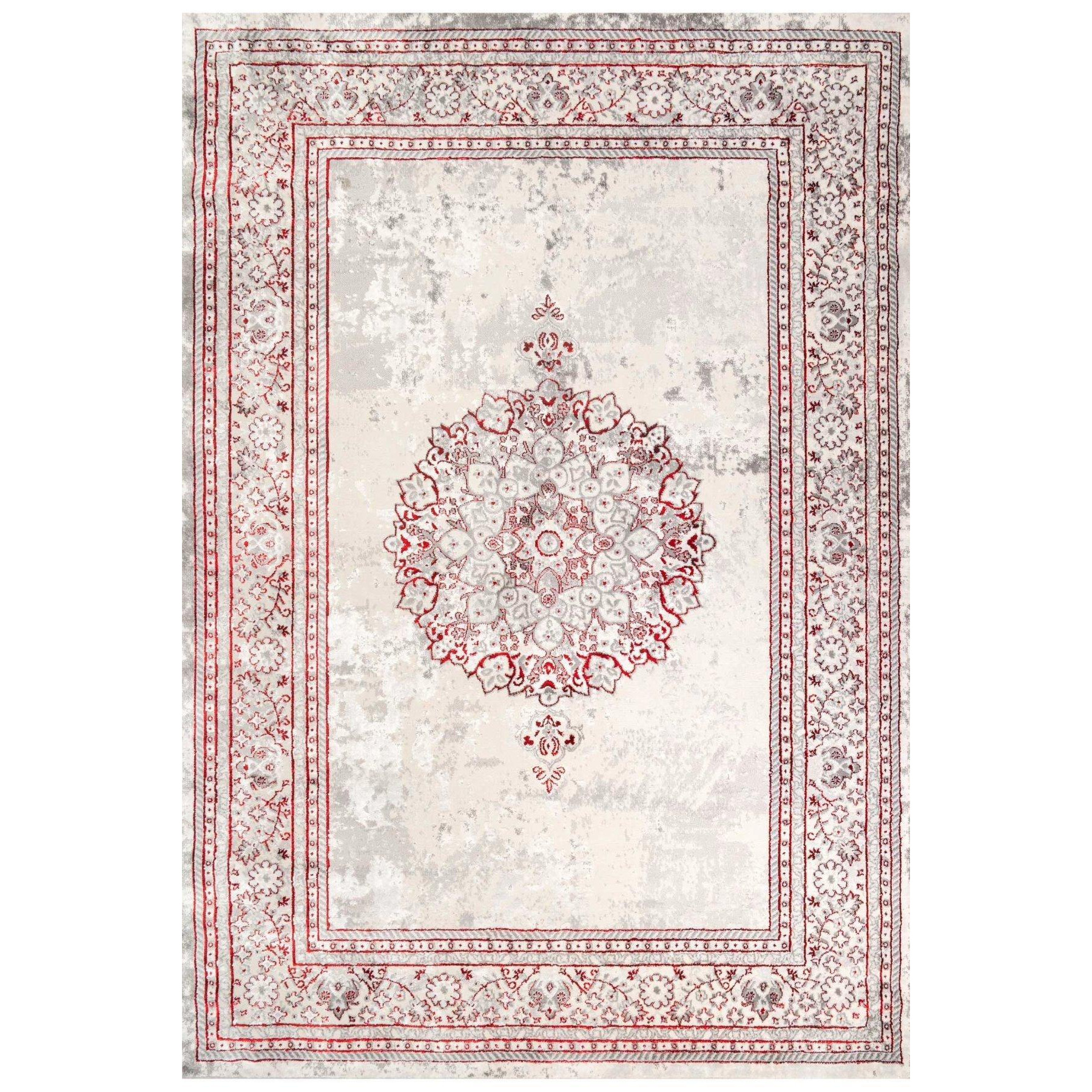 Silver Grey Red Distressed Traditional Medallion Bordered Rug - image 1