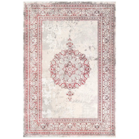 Silver Grey Red Distressed Traditional Medallion Bordered Rug