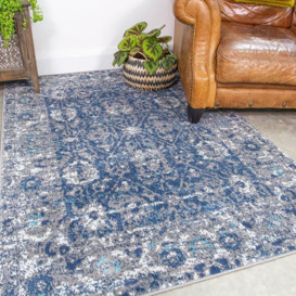 Navy Blue Grey Floral Traditional Bordered Rug