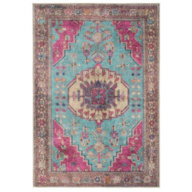 Teal Pink Multicolour Distressed Persian Style Non Slip Washable Low Pile Rug