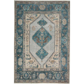 Teal Blue Distressed Bordered Medallion Non Slip Washable Low Pile Rug